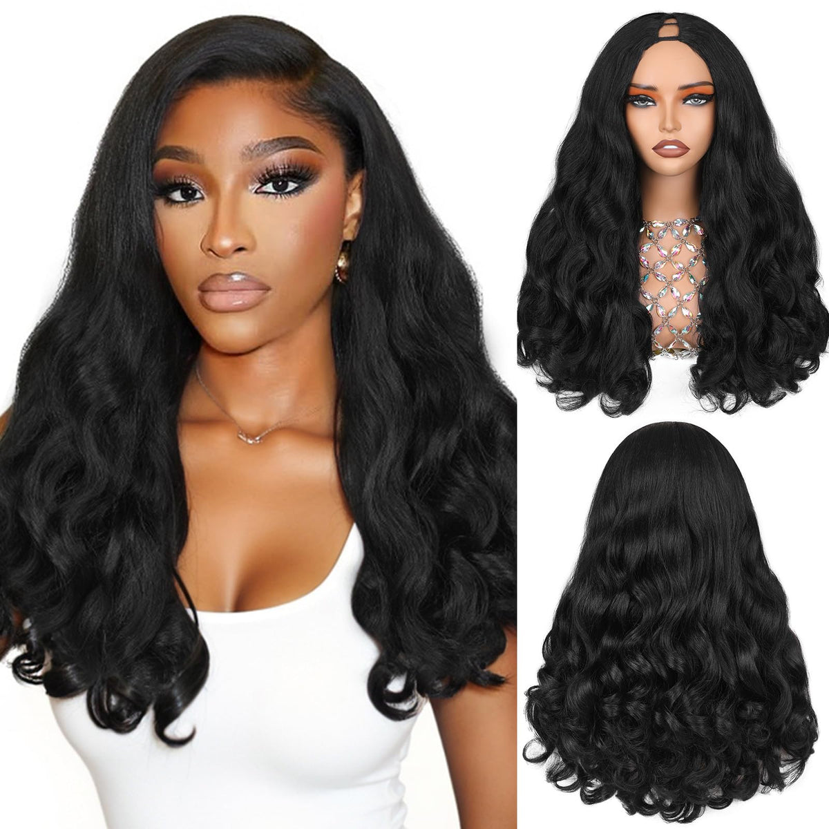 HANNE front view of curly V part wig showing natural black volume and easy wear