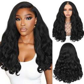 HANNE front view of curly V part wig showing natural black volume and easy wear