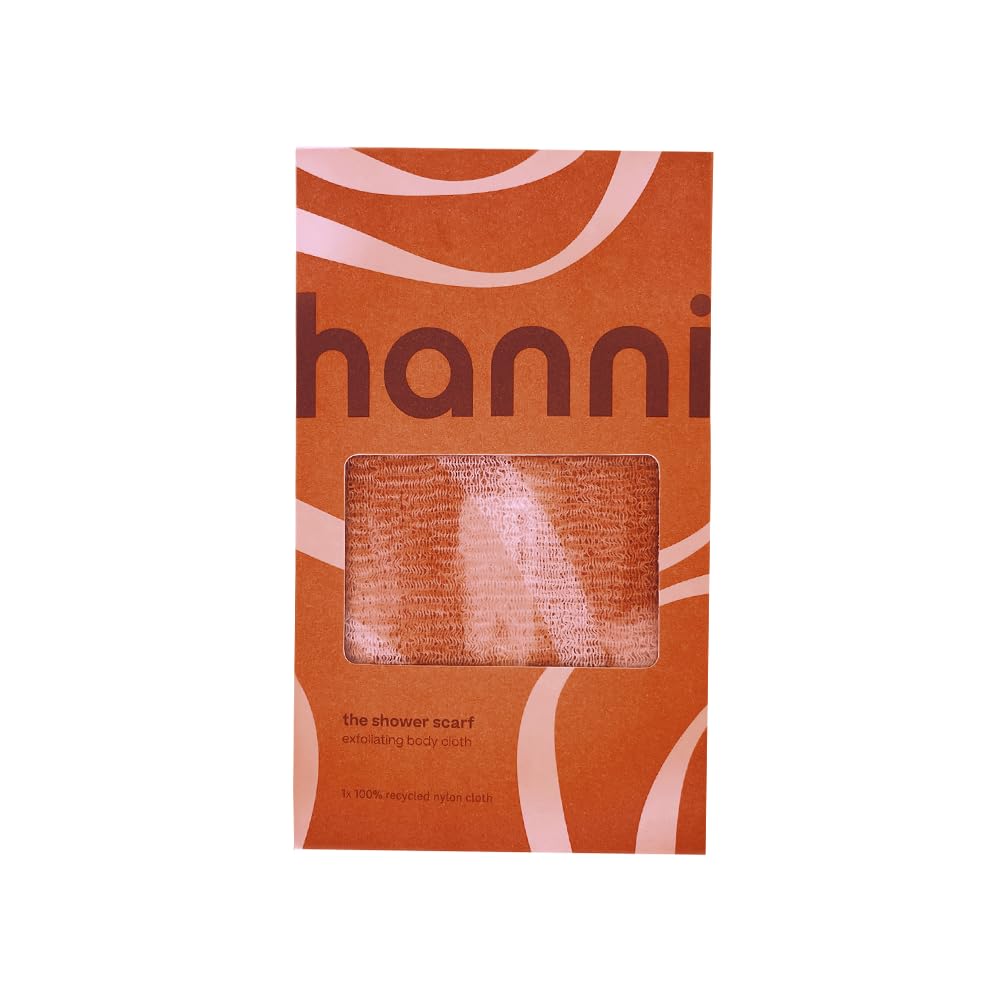 HANNI front view of extra-long shower scarf shows length and benefits