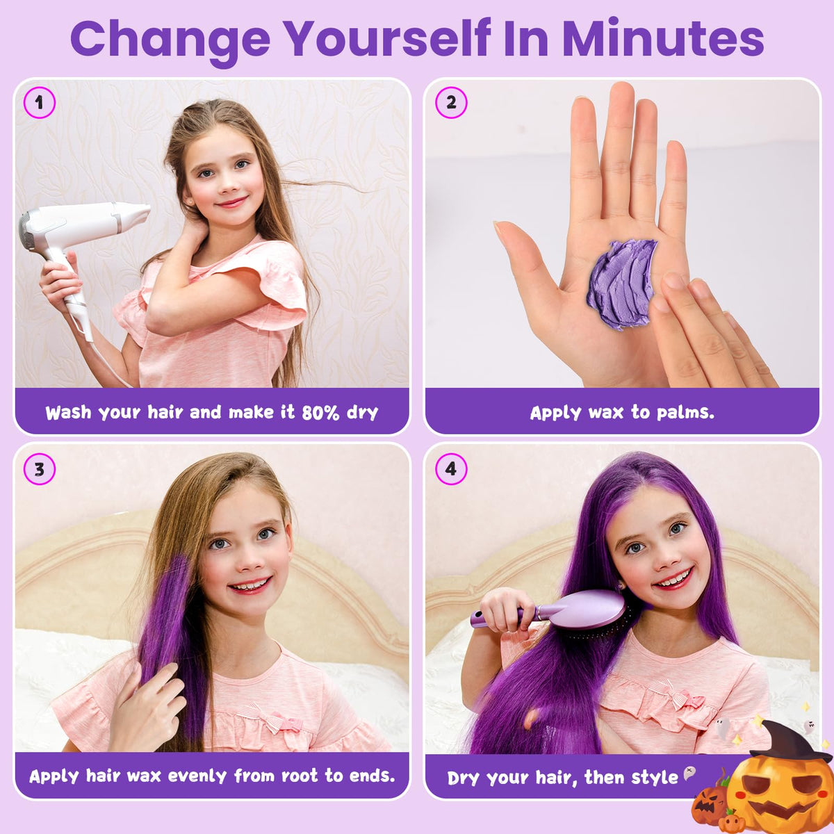Hansuby before and after on teen hair, visible temporary purple transformation