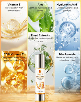 HANYWIL bottle beside vitamin C and hyaluronic acid ingredient tiles highlighting active benefits