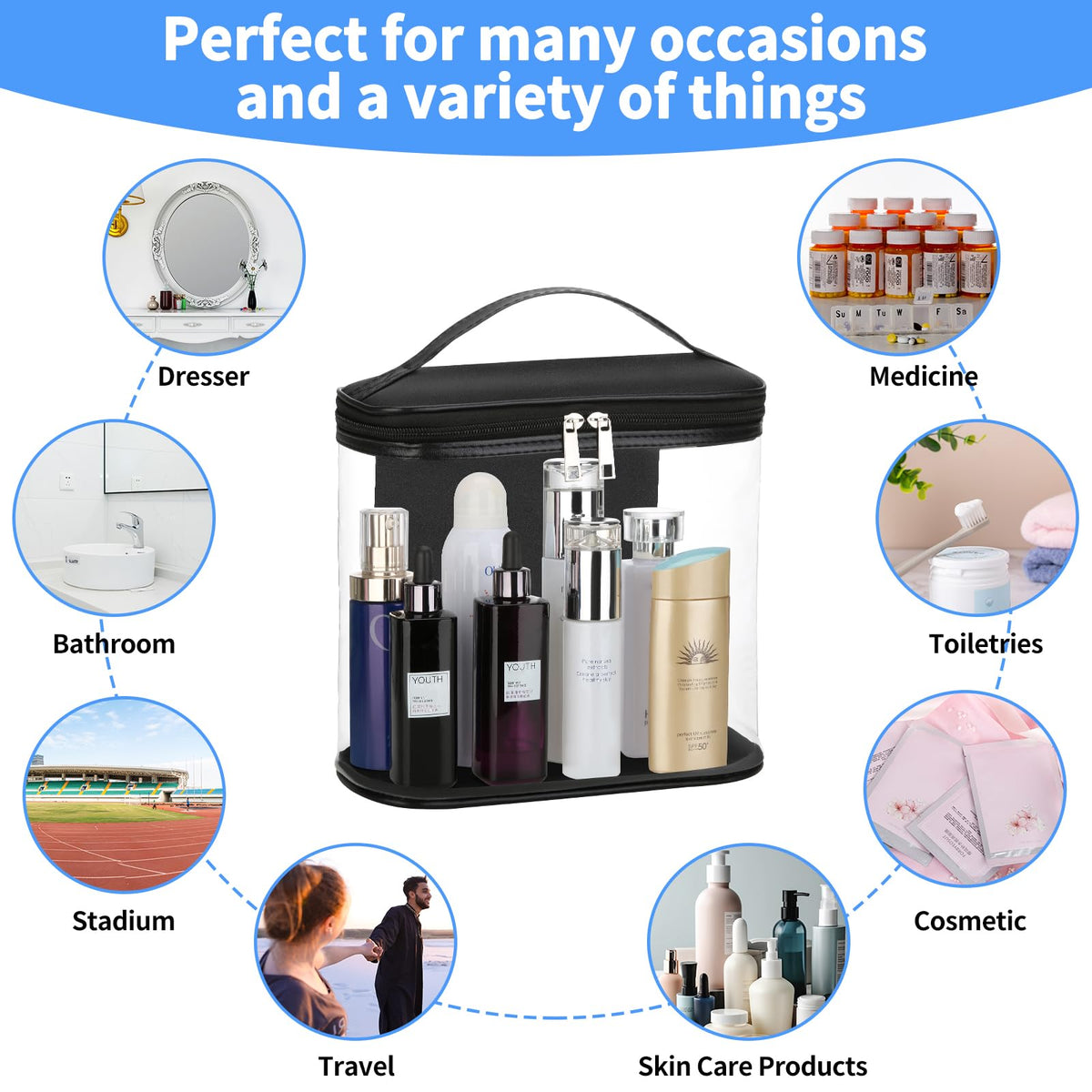 HAOGUAGUA packed with travel-sized shampoos, deodorant and cosmetics for efficient packing