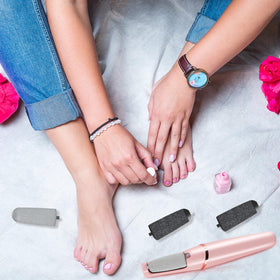Haootadiy at-home pedicure scene showing smooth feet after using replacement rollers