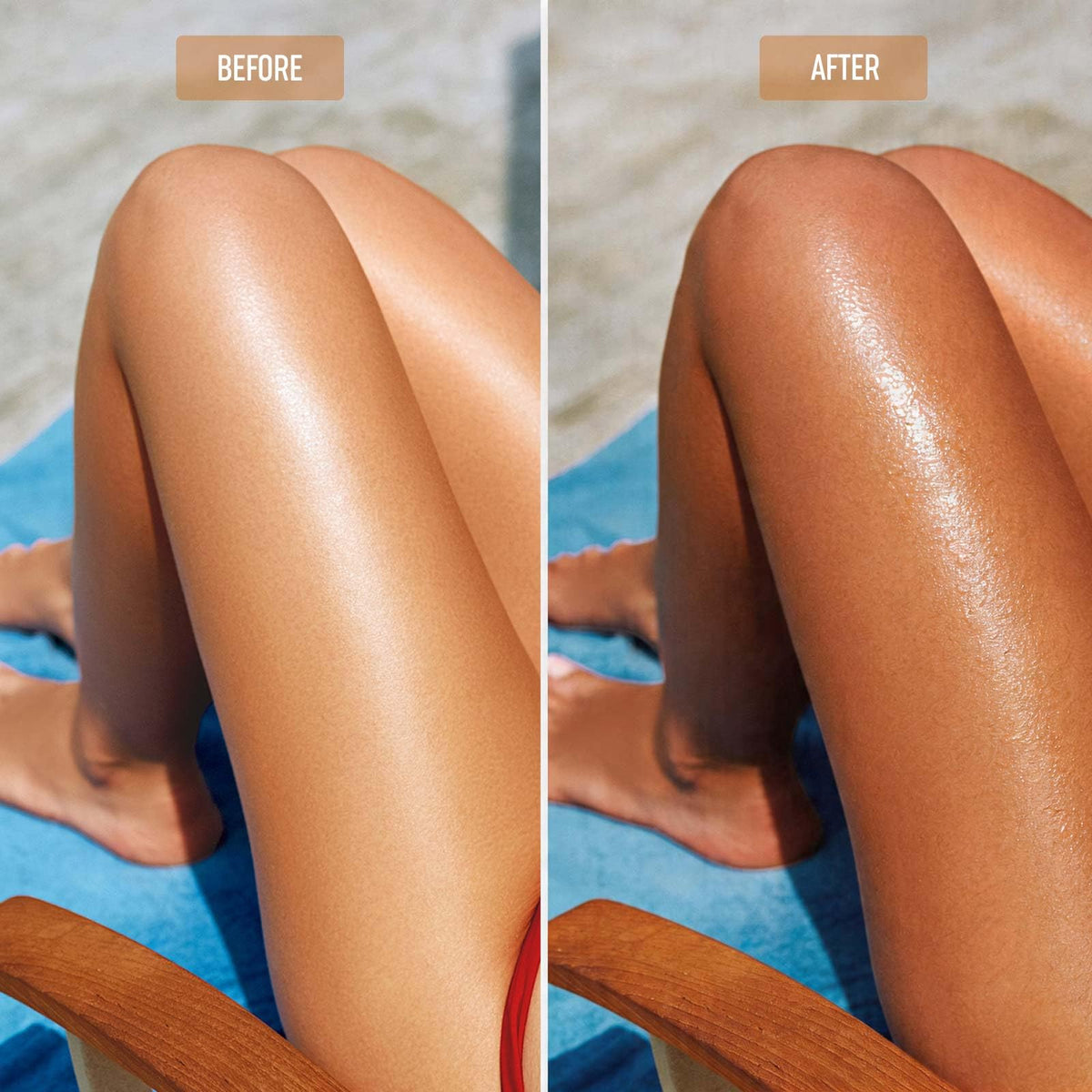 Person applying HAOTIME on beach, comfortable bronzing during outdoor sun