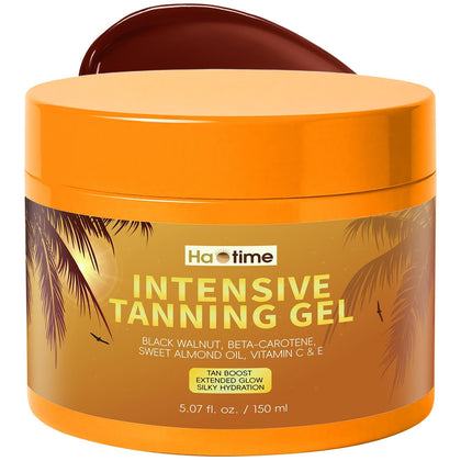HAOTIME front packaging showing bottle and branding, promotes fast tanning