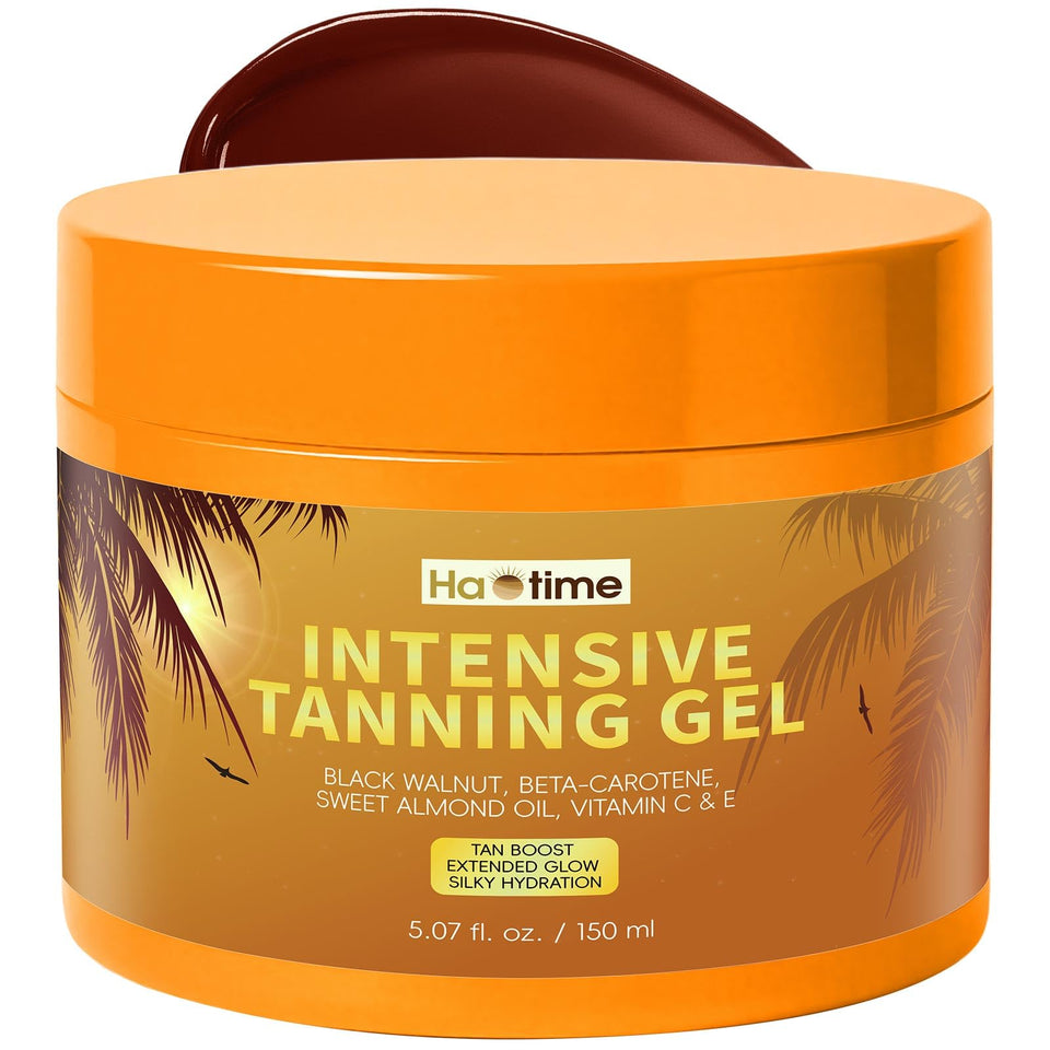 HAOTIME front packaging showing bottle and branding, promotes fast tanning