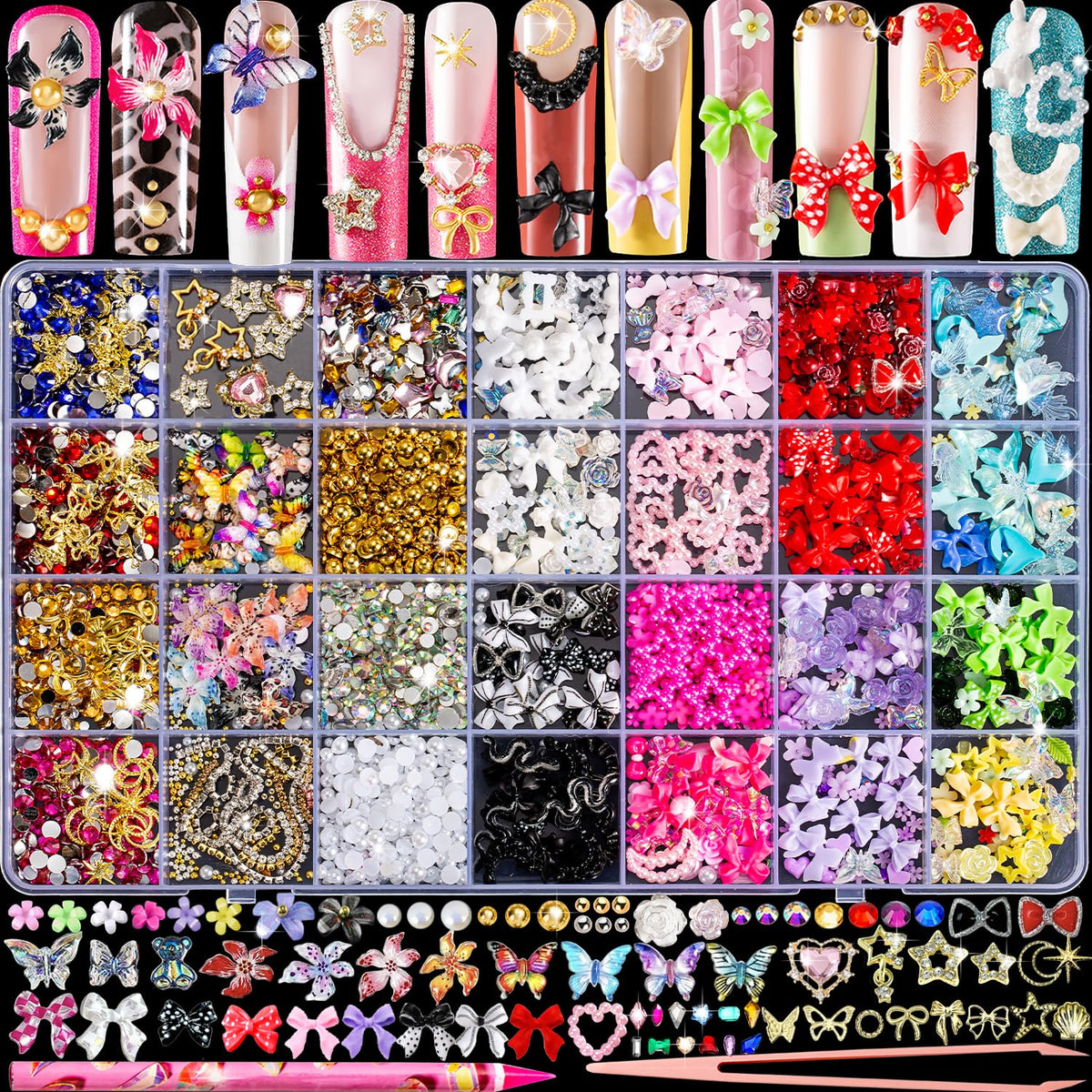 haozher front packaging showing full nail charms kit and variety