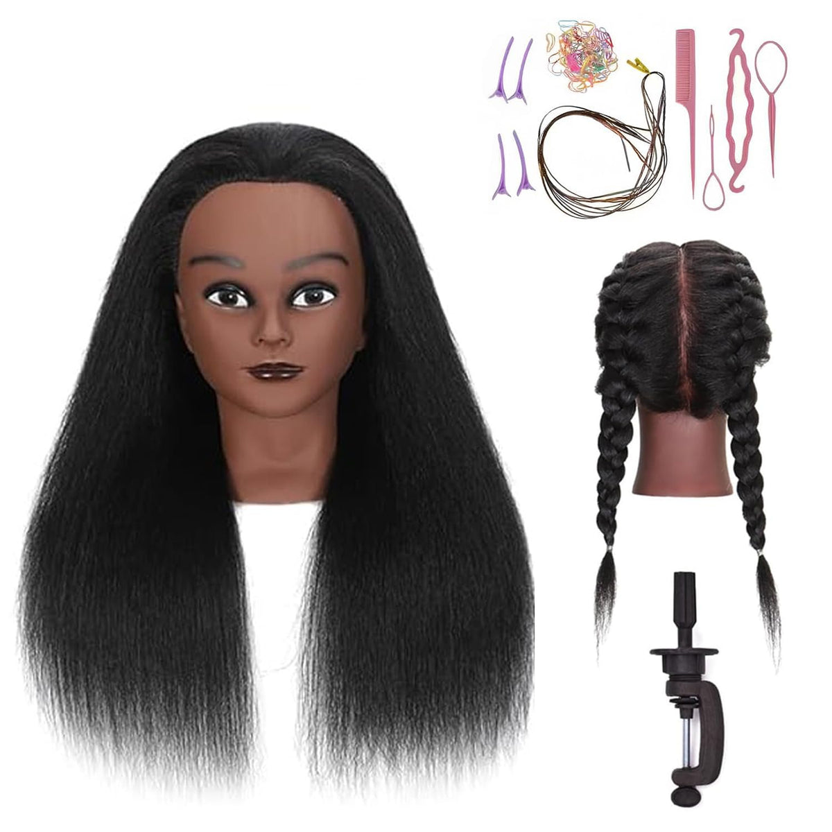 HAPOWELL front view of mannequin head showing full-length hair for realistic practice