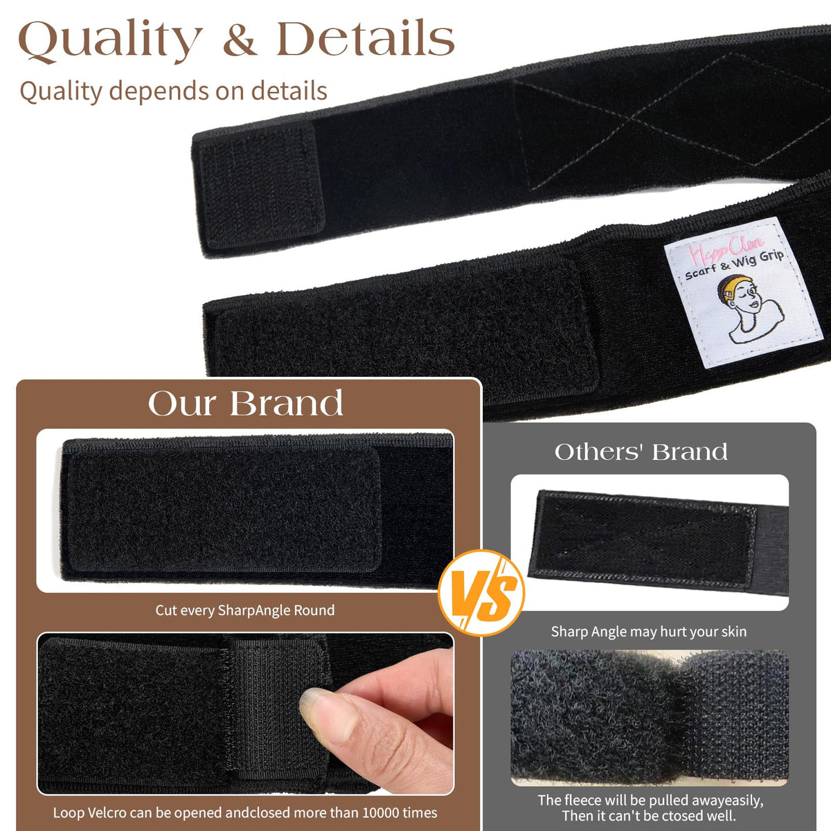 HappClan upgraded hook and loop fastener detail preventing hair tangling and adjusting fit