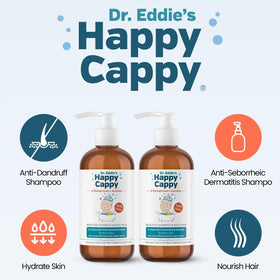 Happy Cappy bottle close-up label emphasizing medicated formula