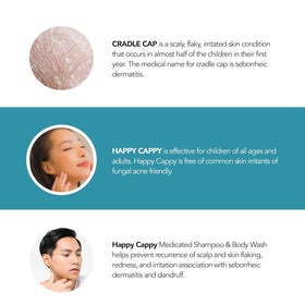 Happy Cappy ingredient highlights including pyrithione zinc for soothing