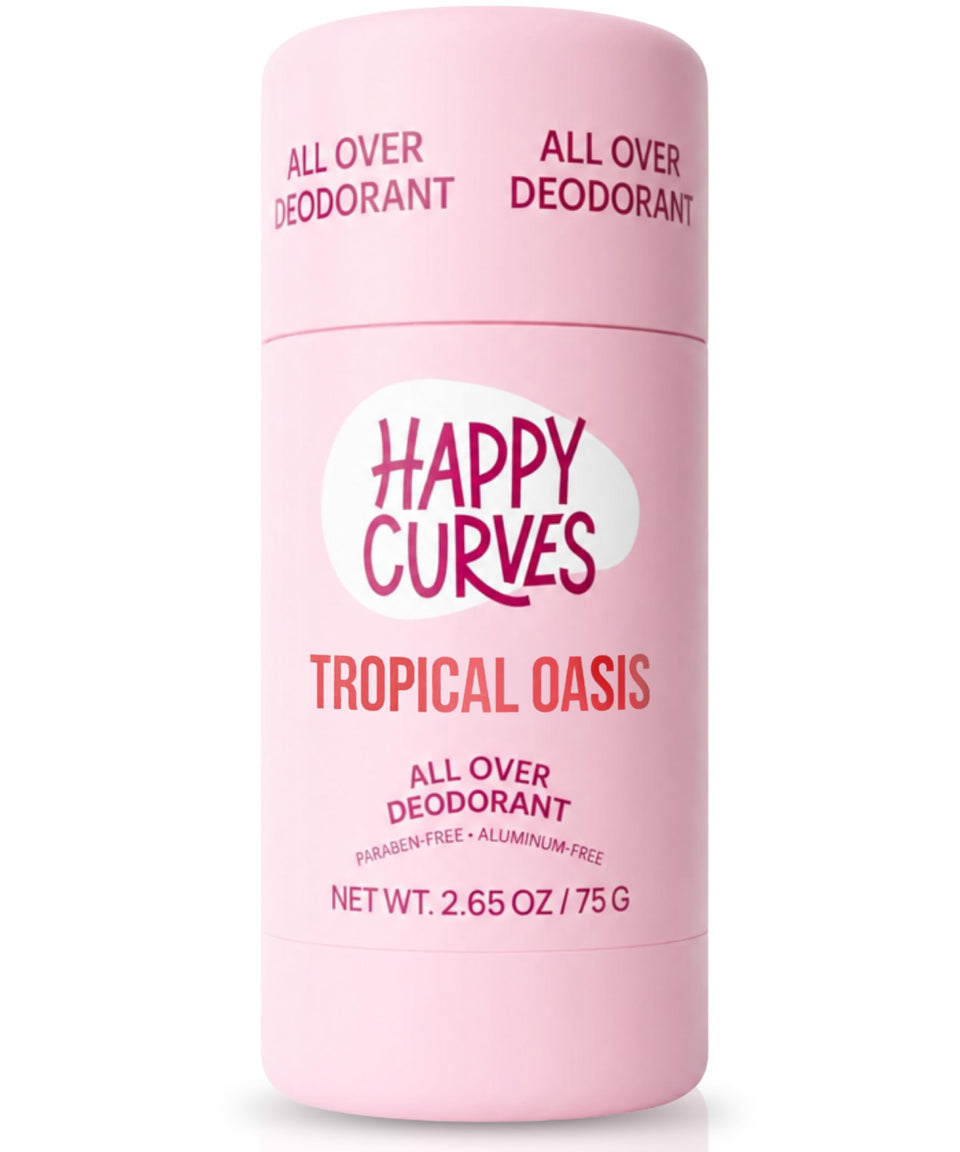 HAPPY CURVES front label showing Tropical Oasis scent and benefits