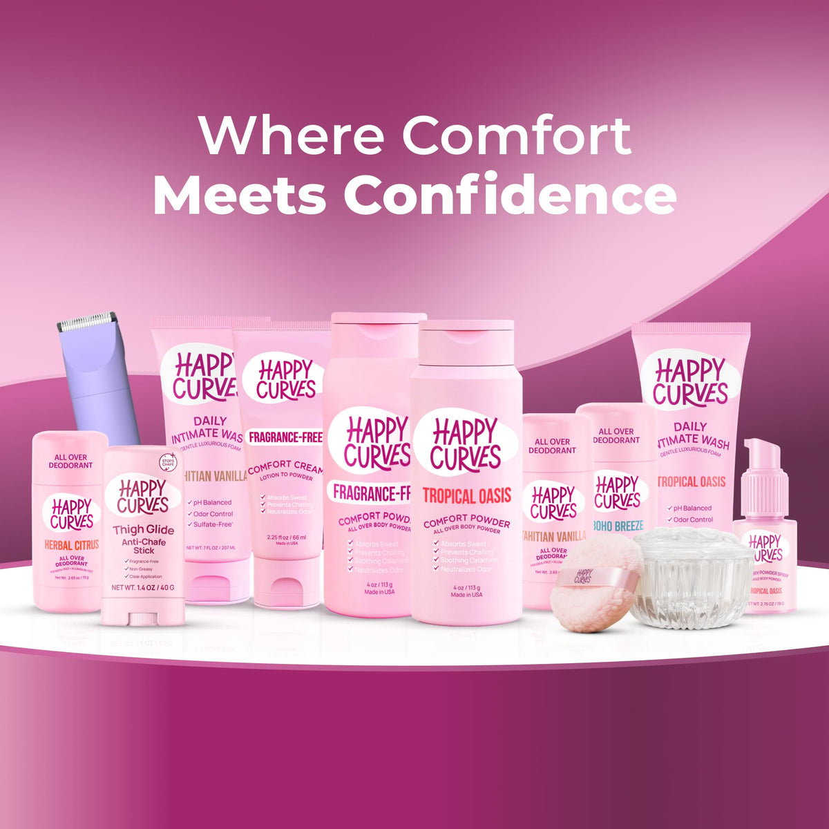 HAPPY CURVES label ingredients and icons emphasizing aluminum-free and cruelty-free benefits