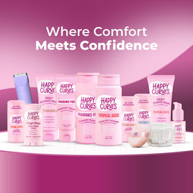 HAPPY CURVES label ingredients and icons emphasizing aluminum-free and cruelty-free benefits