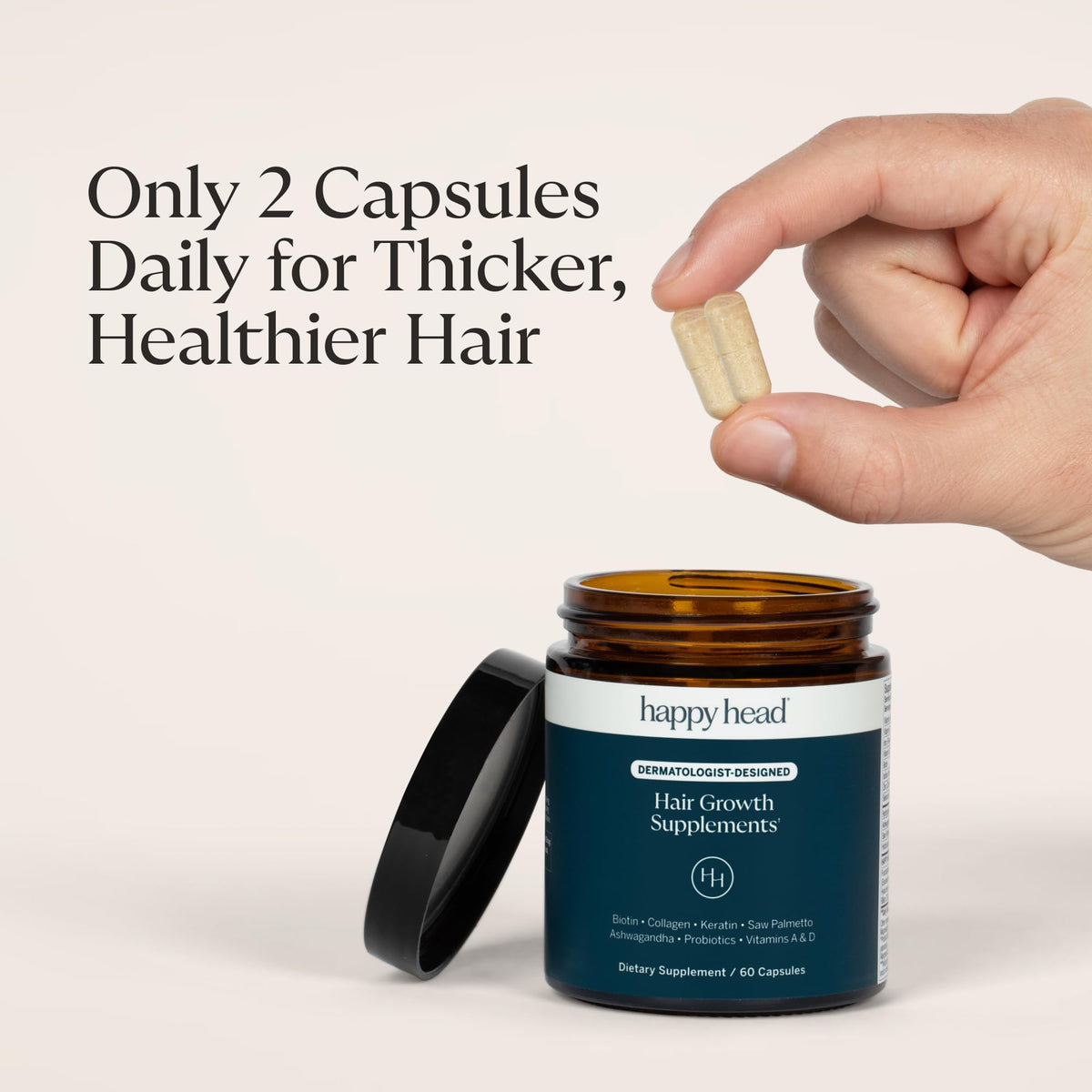 Happy Head ingredients arranged with biotin and botanical extracts for clarity