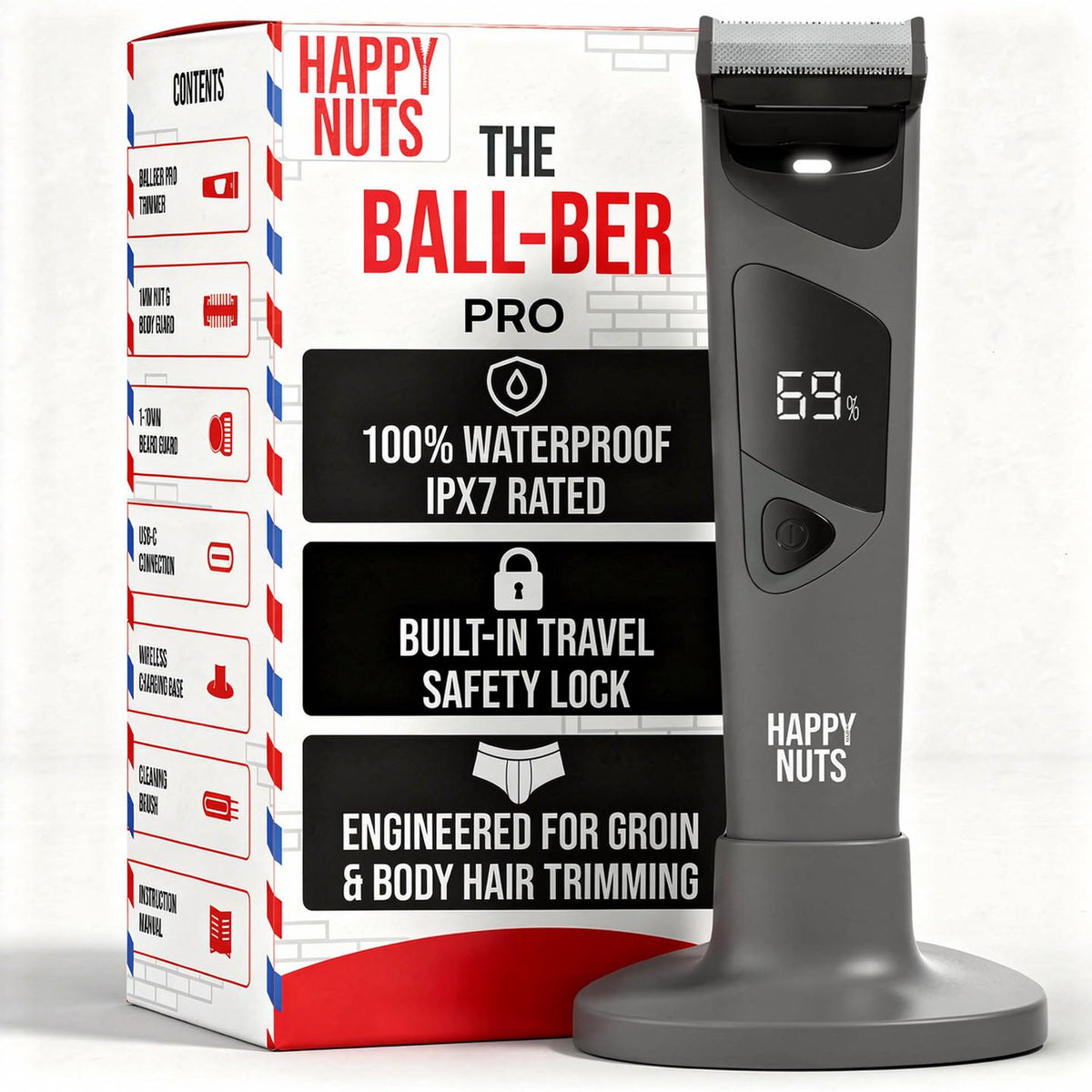 HAPPY NUTS front view of Ballber Pro showing ergonomic shape and controls for comfortable grooming