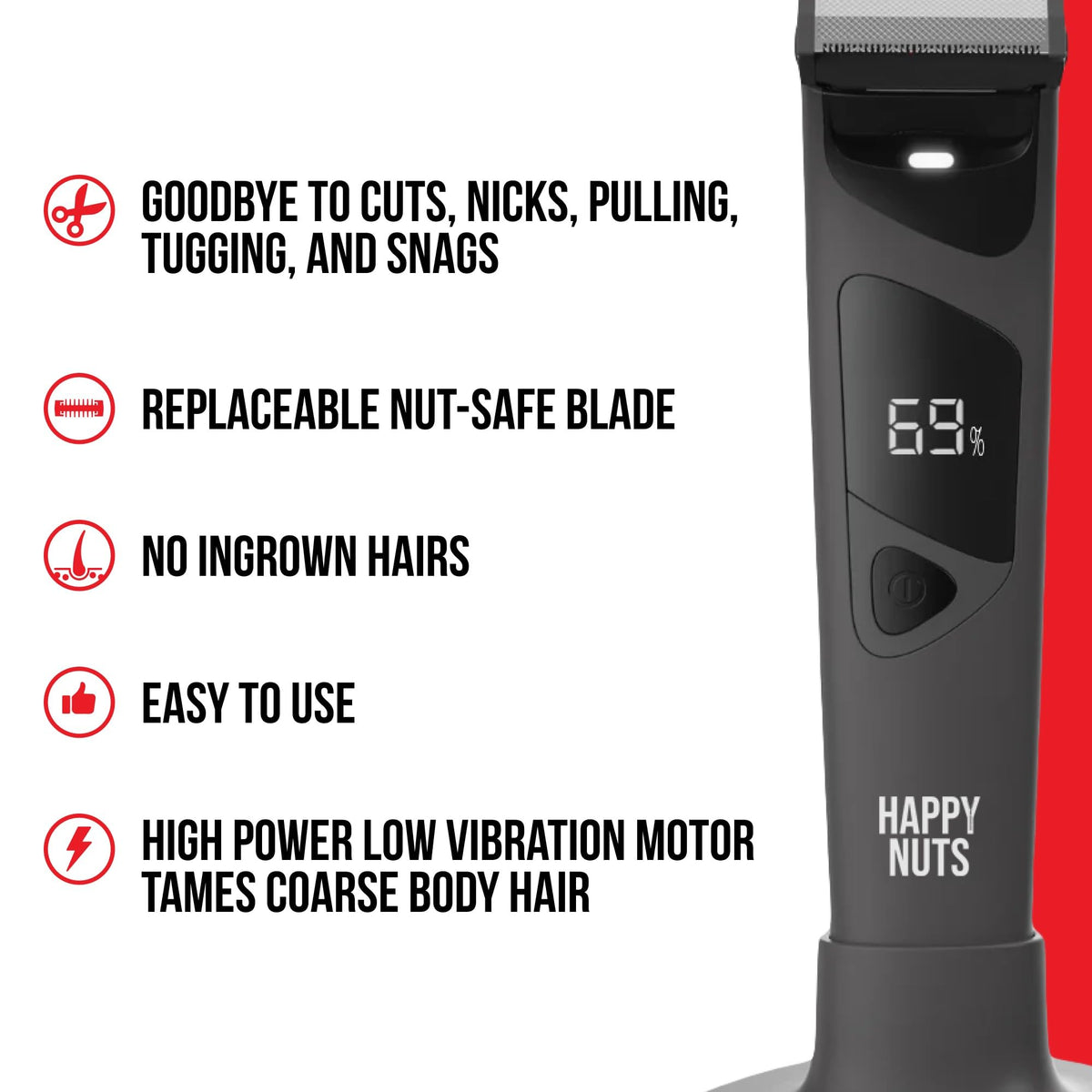 HAPPY NUTS LED spotlight illuminating trimming area for accurate manscaping in low light