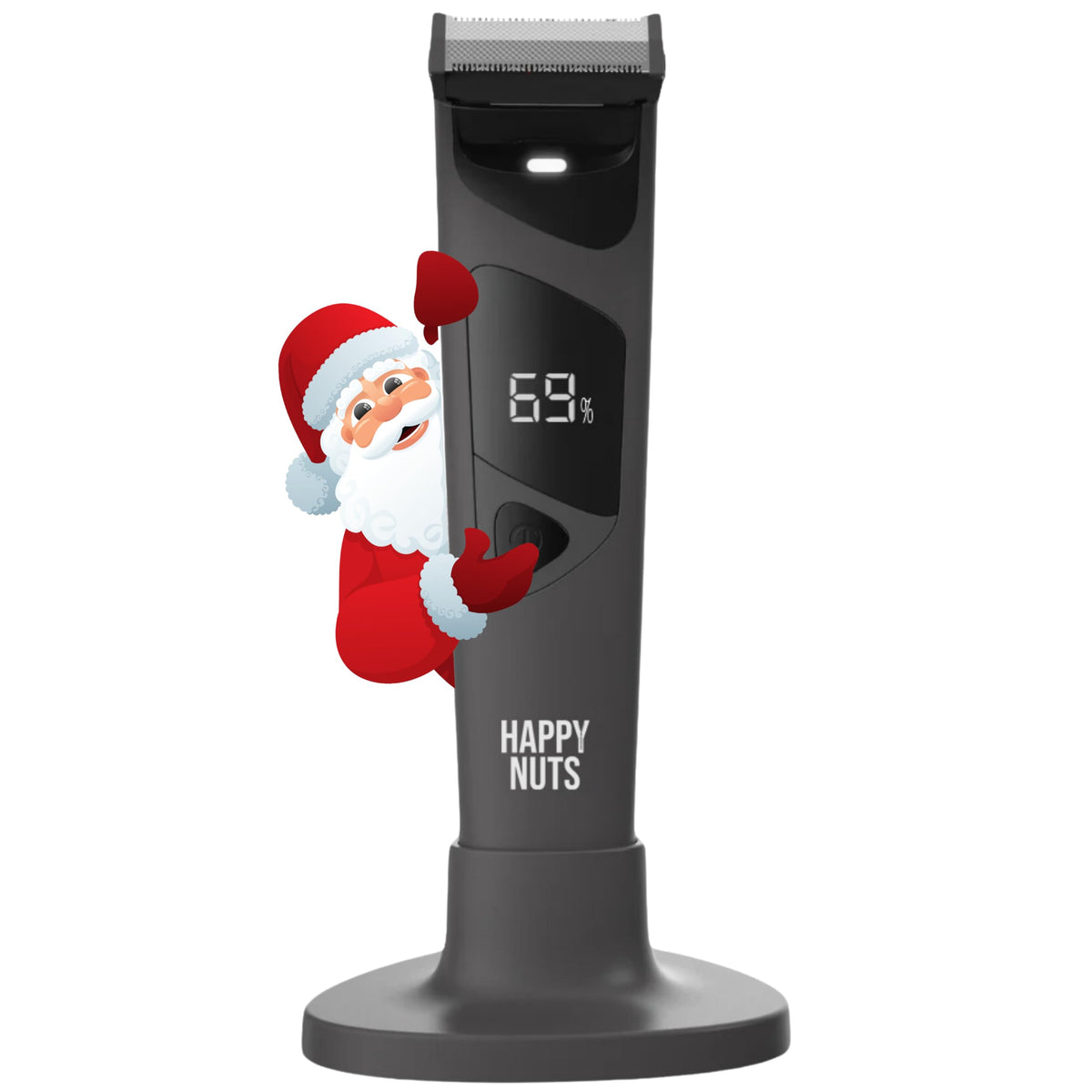 HAPPY NUTS wireless charging dock with trimmer seated for convenient cord-free charging