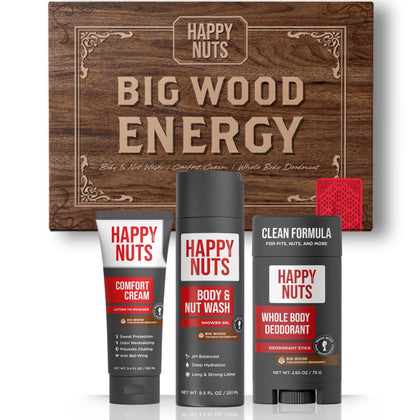 HAPPY NUTS front packaging showing complete gift kit and masculine design benefits confidence