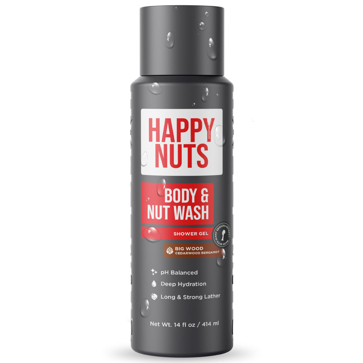 HAPPY NUTS front packaging showing bottle and logo, conveys clean branding