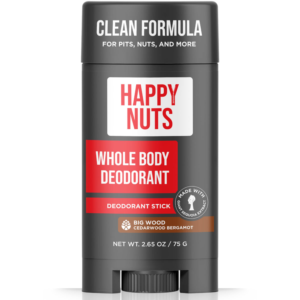 HAPPY NUTS front packaging showing Big Wood scent and bold branding benefit