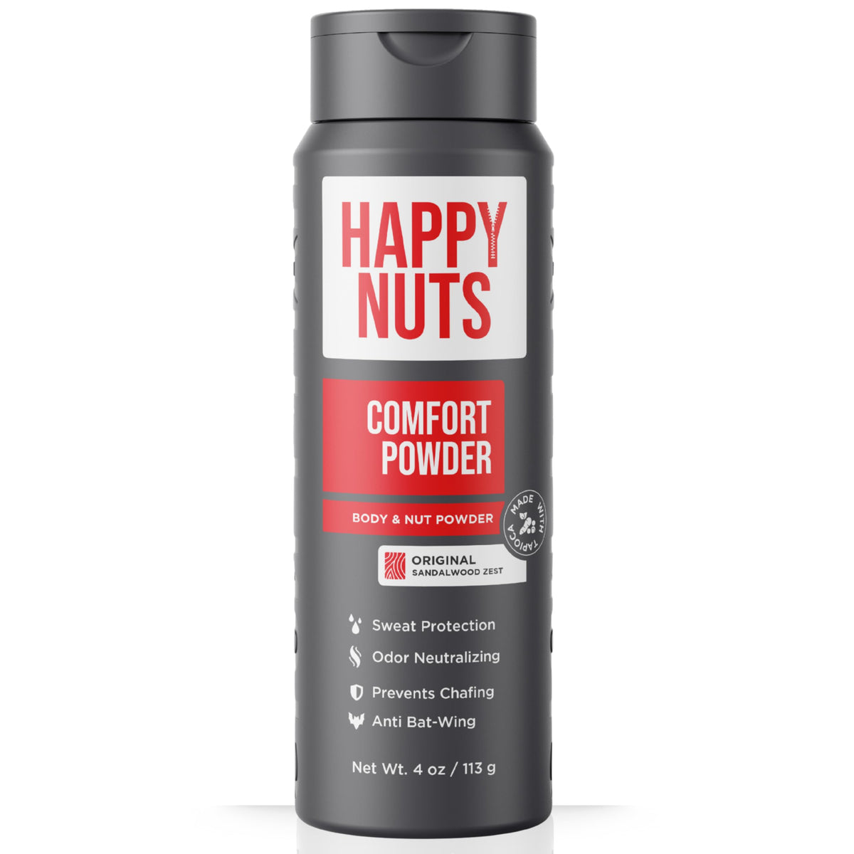 HAPPY NUTS front packaging showing 4 oz jar and original scent benefit
