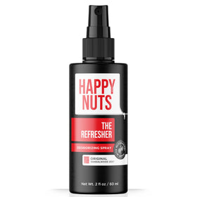 Happy Nuts front packaging showing travel-size bottle and clear branding for discreet freshness