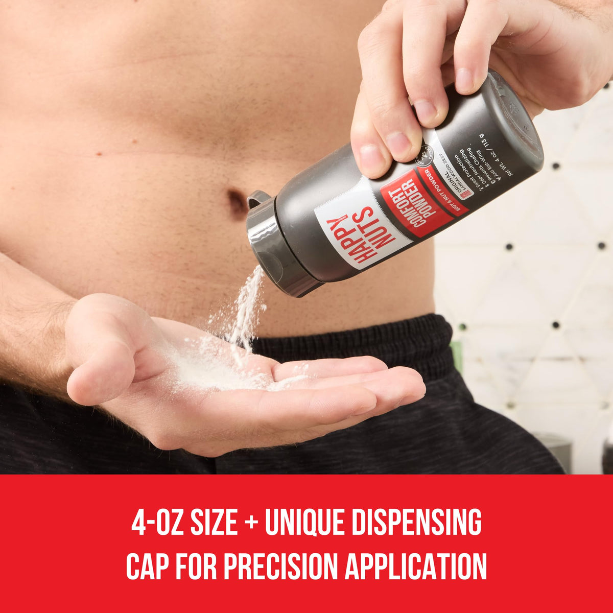HAPPY NUTS shown applied to groin area demonstrating anti-chafing benefit
