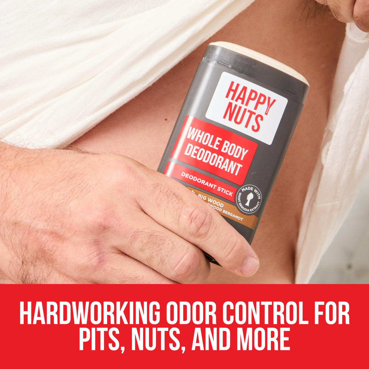 HAPPY NUTS used on groin area illustrating below-the-belt confidence benefit