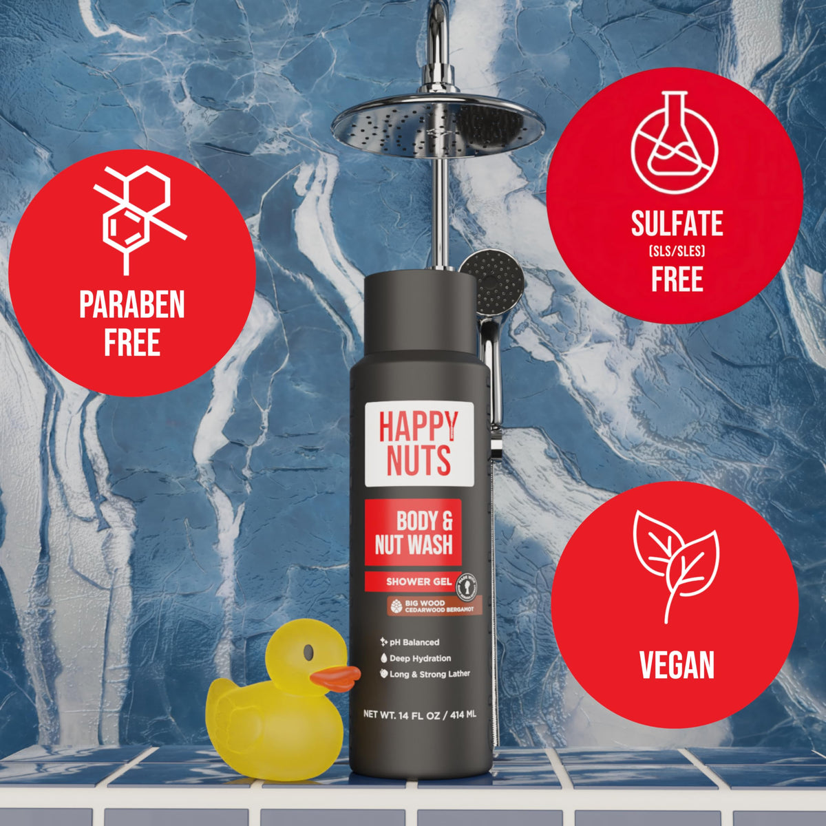 HAPPY NUTS in-shower scene showing practical use and fresh result