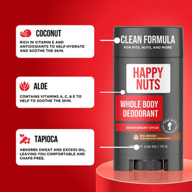 HAPPY NUTS label close-up showing ingredients and clean-formula benefit