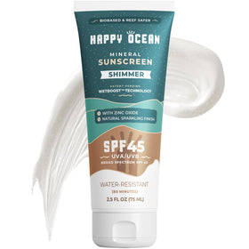 Happy Ocean front packaging showing SPF 45 and sparkle benefit