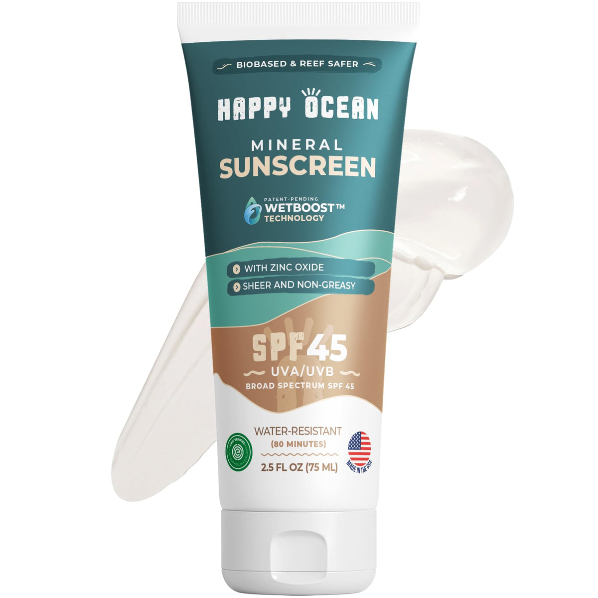 Happy Ocean front packaging showing SPF 45 and travel-size benefits