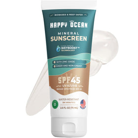 Happy Ocean front packaging showing SPF 45 and travel-size benefits