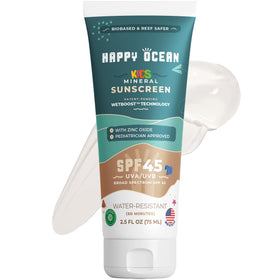 Happy Ocean front tube showing SPF 45 and reef-safe branding for trustworthy protection