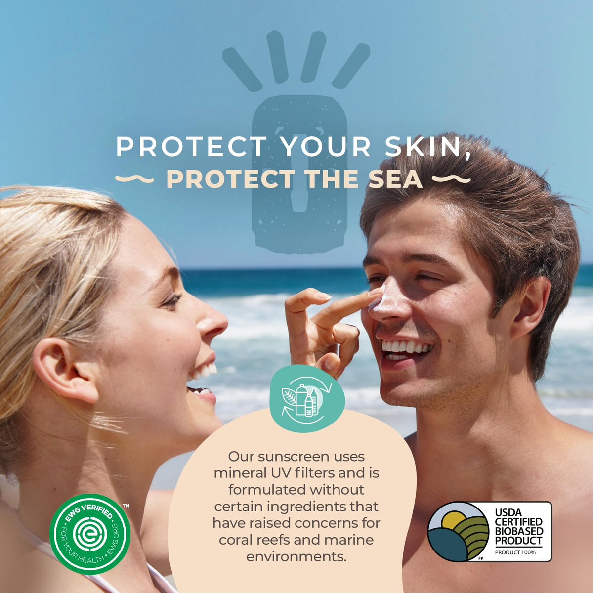 Happy Ocean product label and ingredient list highlighting reef-safe formula