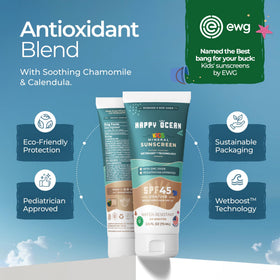 Happy Ocean tube angled to display ingredient highlights and EWG Verified badge clearly