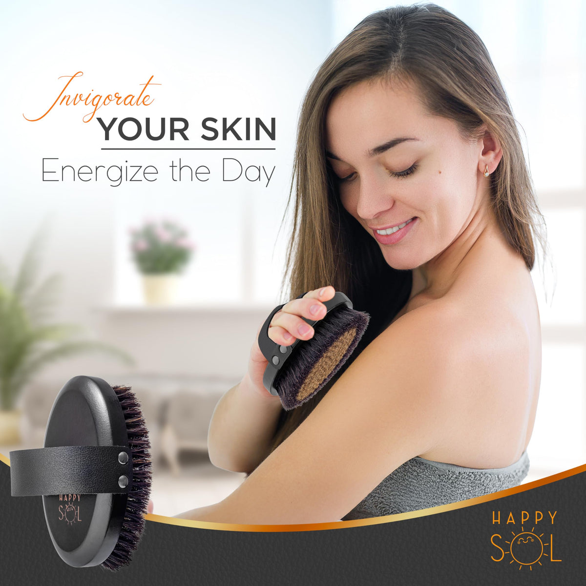 Happy Sol brush held in hand demonstrating dry brushing motion and circulation benefit