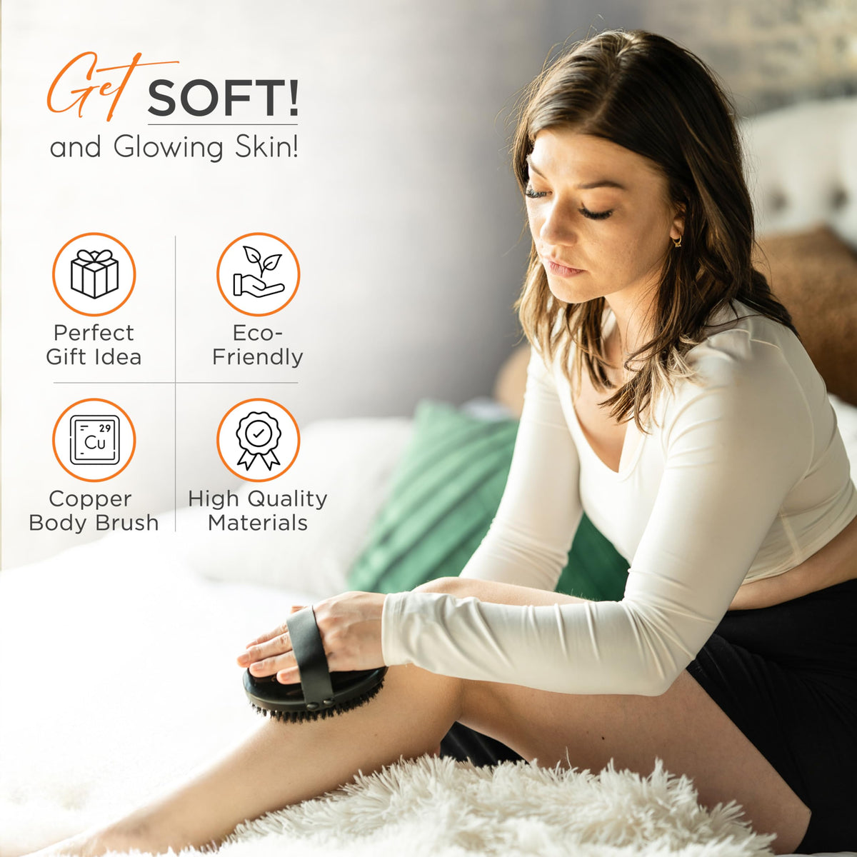 Happy Sol brush placed by shower illustrating routine-ready skincare benefit