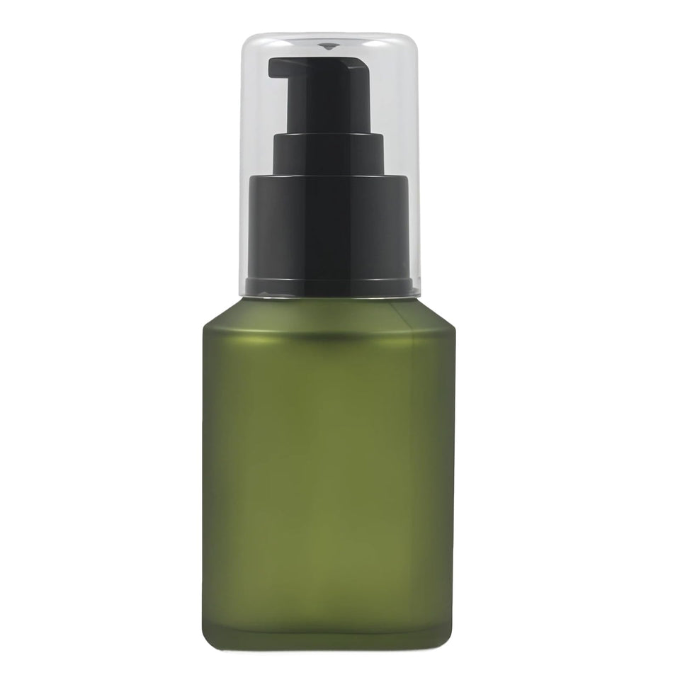 Happyupcity front view green frosted glass pump bottle shows compact styling and elegance
