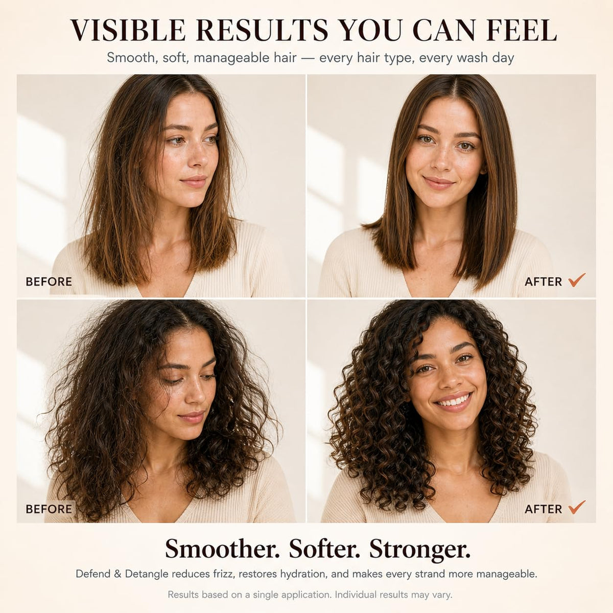 Harmonize Beauty before-and-after on curly hair showing smoother, defined curls benefit