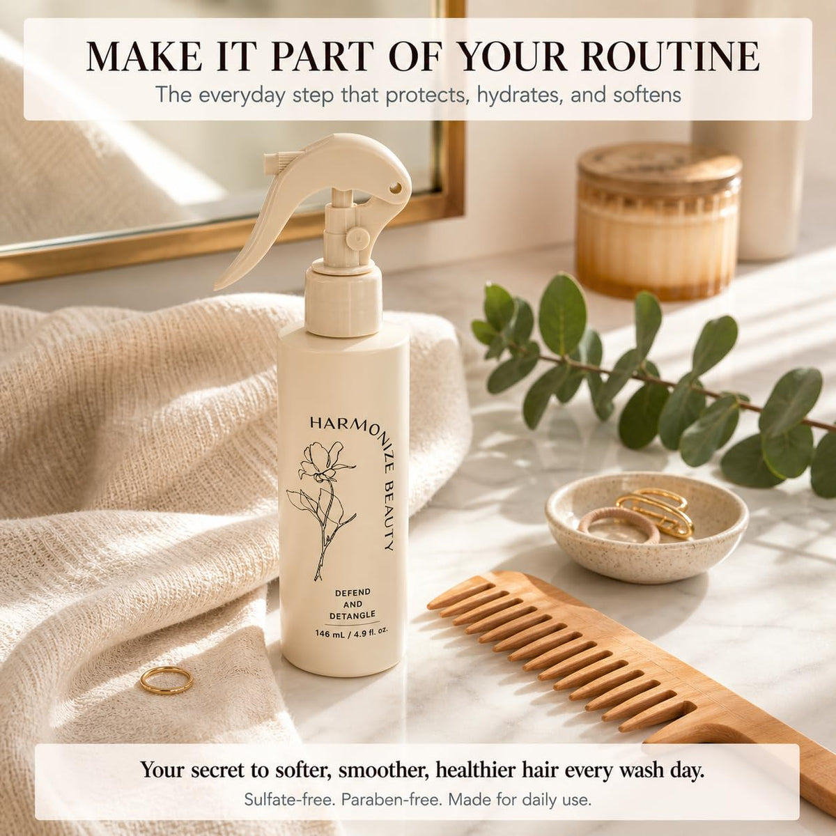 Harmonize Beauty on bathroom vanity staged with towel and brush to show daily routine fit