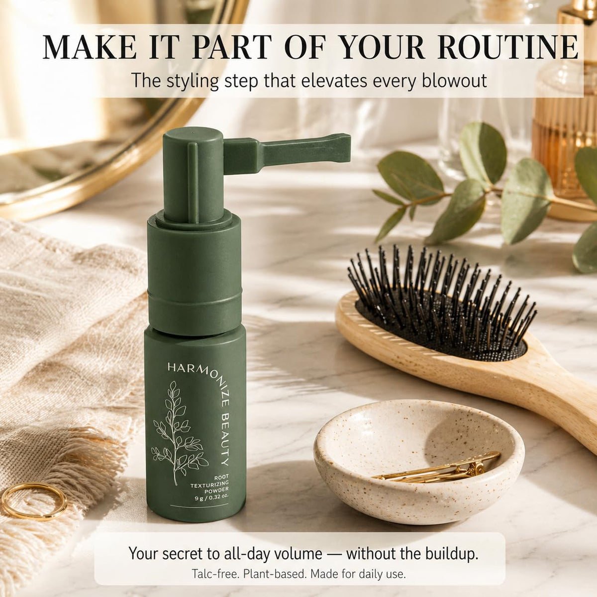 Harmonize Beauty label close-up highlighting talc-free, natural-feel benefits