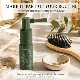 Harmonize Beauty label close-up highlighting talc-free, natural-feel benefits