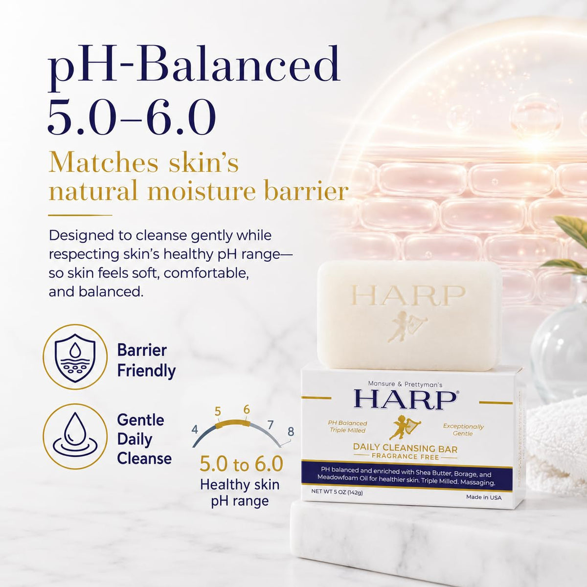 Mansure & Prettyman's HARP close-up of bar texture highlighting creamy lather potential