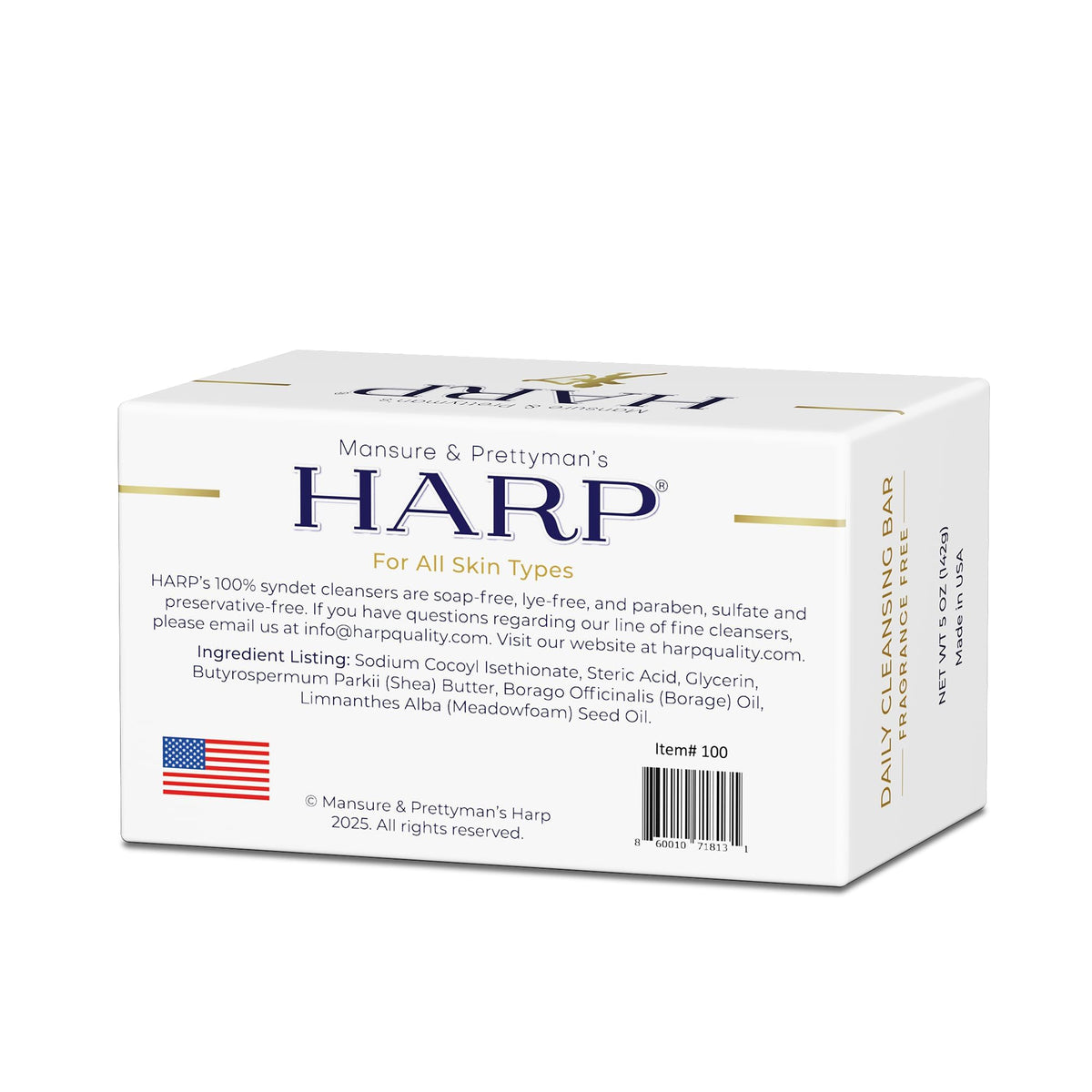 Mansure & Prettyman's HARP bar on bathroom shelf in calm setting promoting sensitive-skin use