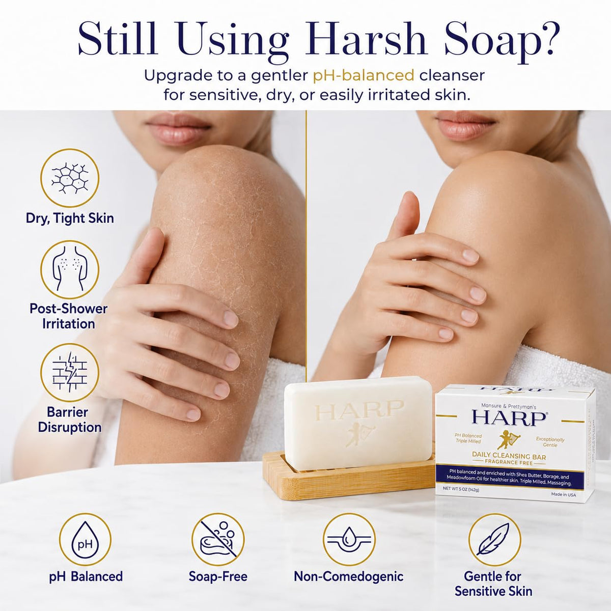 Mansure & Prettyman's HARP with shea butter and borage oil ingredients showing conditioning benefit