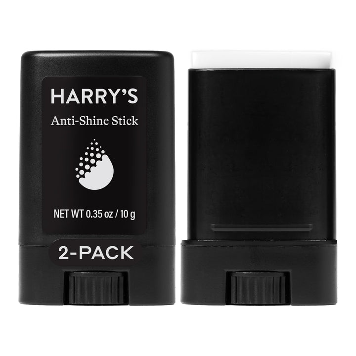 Harry's front packaging showing two anti-shine sticks and benefits