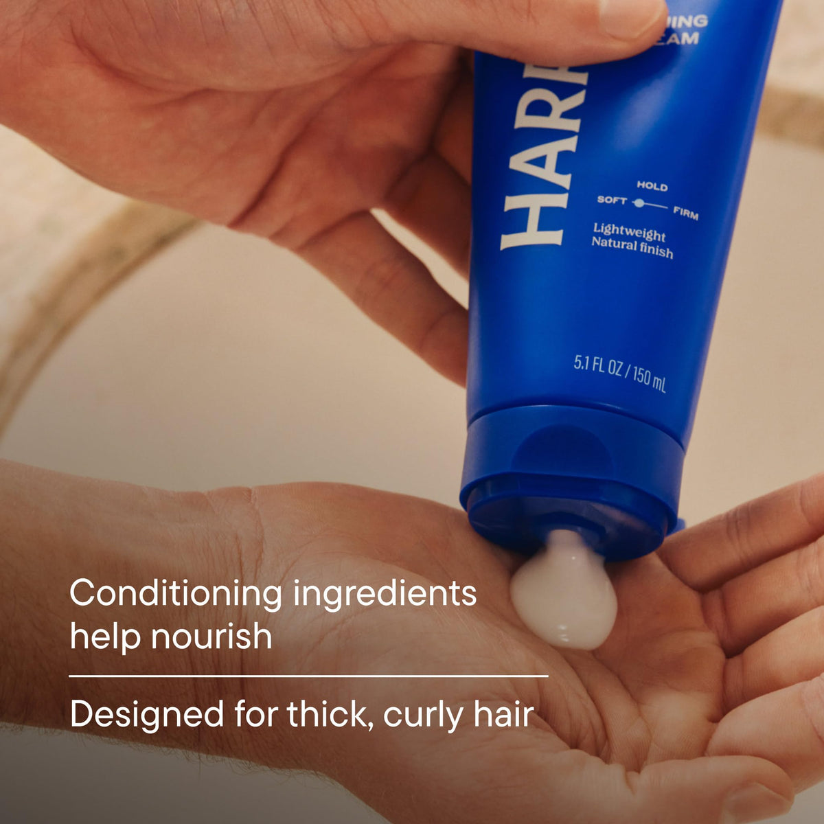 Harry's applying cream to hair demonstrates quick control and reduced frizz benefit