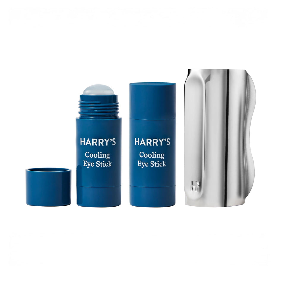 Harry's front packaging of cooling eye kit showing product set and benefits